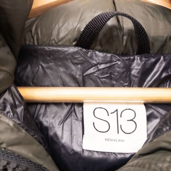 S13 Chalet Belted Faux-Fur-Trim Hooded Down Puffer Coat Green Size Small - Picture 9 of 16